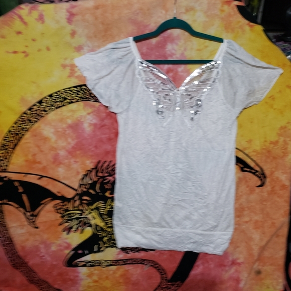 Lightweight  Plus Size Sequened Butterfly Shirt-Bobbie Brown-1X-pre-luved - Picture 6 of 6